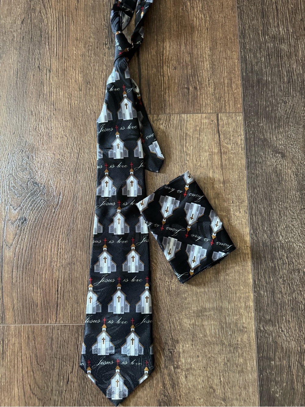 NOBO Black Tie and Pocket Square with White Church Motif and Red Cross Accents